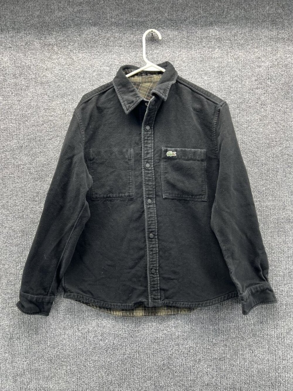 Lacoste Jacket Men Medium Black Plaid Flannel Reversible Snap Lined Casual
